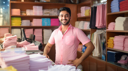 Young indian small business owner standing at his own shop