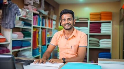 Young indian small business owner standing at his own shop