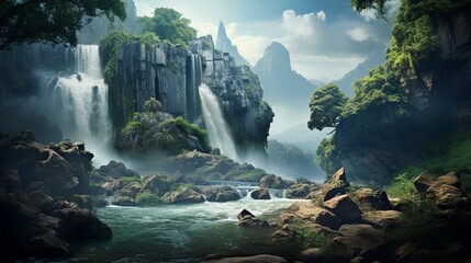 A picturesque waterfall cascading down a rocky cliff, surrounded by lush vegetation.