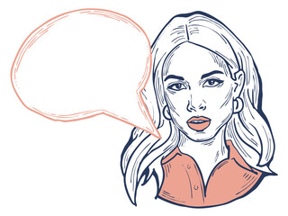 Beautiful young woman talk. Empty speech bubble for sale promotion, text background, quotes. Hand drawn illustration, cartoon comic style.
