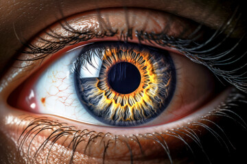 Close up of eye iris on black background, macro, photography.
