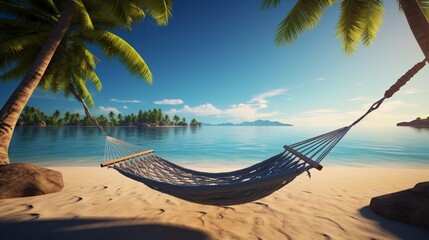 A picturesque tropical beach with a hammock suspended between two palm trees.