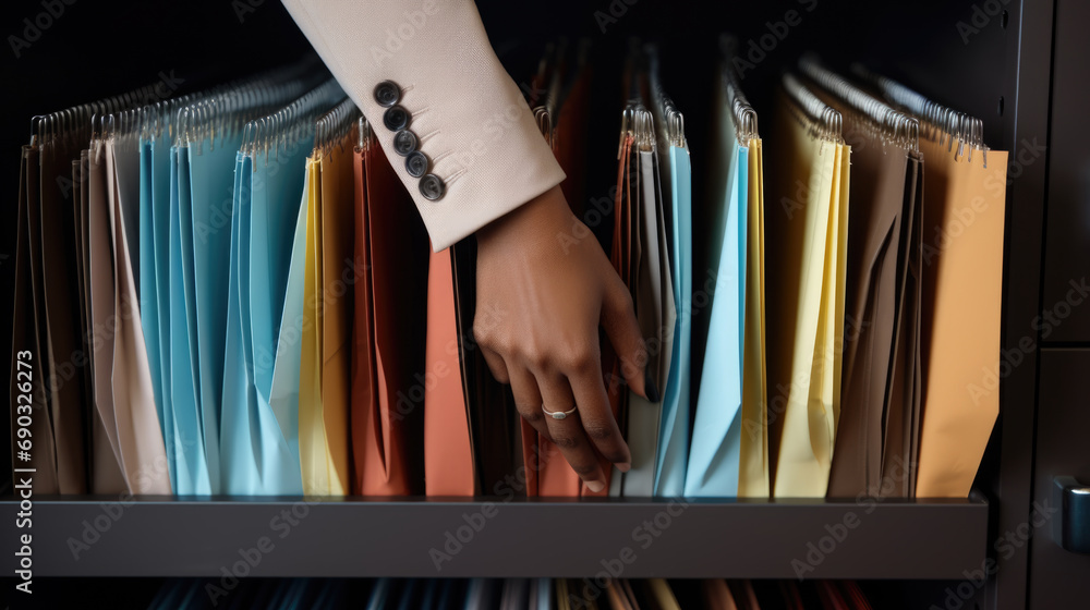 Aufkleber close-up of a person in a business suit searching through open file drawers full of documents.