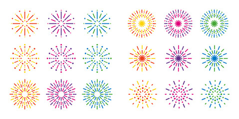 colorful firework happy new year celebration congratulations party carnival minimal geometric line graphic design abstract vector element illustration art flat set - obrazy, fototapety, plakaty