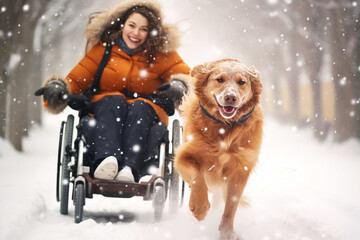 Happy young disabled woman in wheelchair walks with his pet dog along a winter park - Powered by Adobe