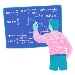Male teacher writes mathematical formulas on the blackboard
