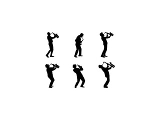 Set of Saxophone Player Silhouette in various poses isolated on white background