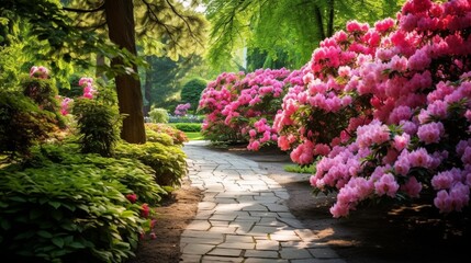 A serene garden blooms with an array of vibrant flowers, set against a backdrop of lush green...