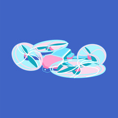 Abstract flying drone in a cartoon style isolated on blue background