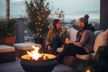 Happy couple having a romantic date on outdoor terrace with fire pit in winter - Powered by Adobe