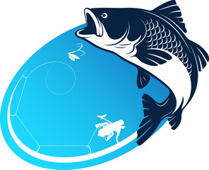 Big fish catch and fishing rod with bait, design for fishing