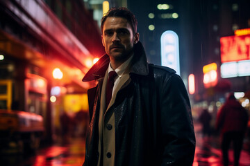 Fototapeta premium Neo-noir detective portrait, rainy megacity, trench coat with integrated circuit patterns, moody street lights