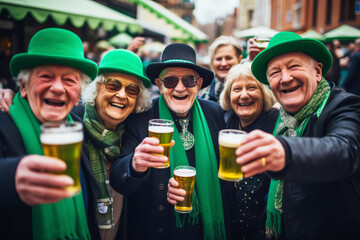 Mature people are having fun, wearing green costumes and celebrating St. Patrick's Day in street bar - obrazy, fototapety, plakaty