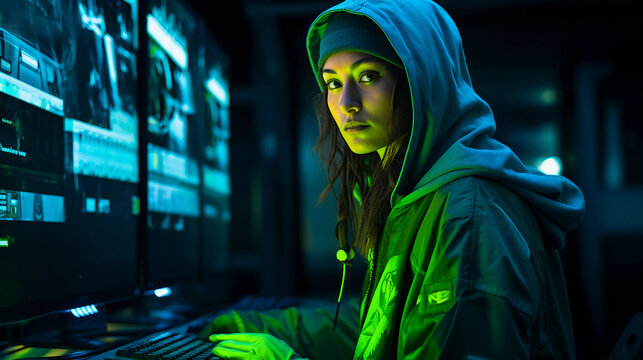 Rebel hacker portrait, cybernetic implants, urban camouflage attire, multiple screens with code