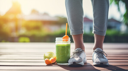 Person in athletic wear with a bright green smoothie and a sneaker - obrazy, fototapety, plakaty
