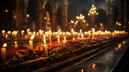 Candles flickering during an Orthodox Christian service in an ancient Eastern European church - obrazy, fototapety, plakaty