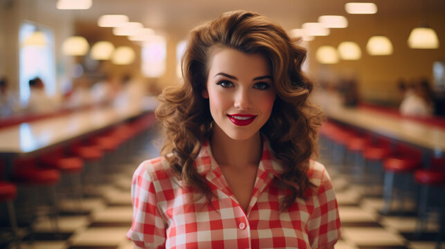 American diner scene, waitress with a vintage uniform and beehive hairstyle, cheerful demeanor, classic checkered flooring