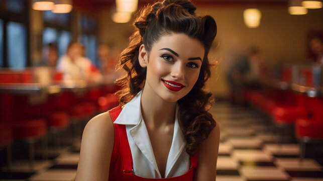 American diner scene, waitress with a vintage uniform and beehive hairstyle, cheerful demeanor, classic checkered flooring