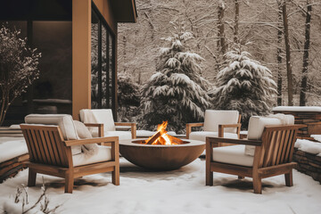 Cozy backyard deck with fire pit And sitting area in winter
