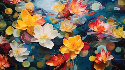 A swirling pattern of colorful petals floating in a pond, captured from above, creating an abstract - obrazy, fototapety, plakaty