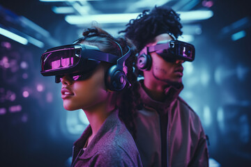 Young male and female wearing a virtual reality headset, VR glasses goggles headset