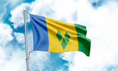 Saint Vincent and the Grenadines flag waving on sky background. 3D Rendering