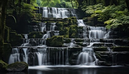 Obraz premium A Serene Waterfall Amidst a Verdant Forest