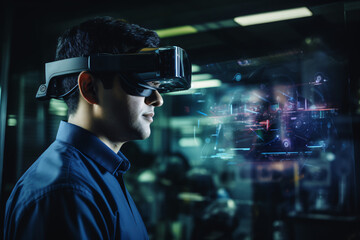 Man using AR Augmented Reality glasses headset on infographic background