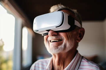 Elderly man wearing virtual reality headset smiling