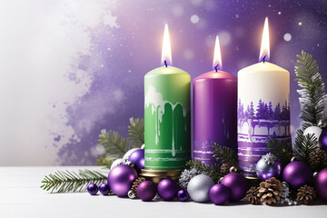 Christmas advent candle painting with copy space in purple and green on white