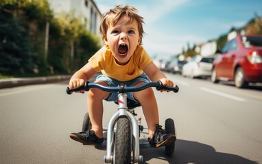 Shocked funny child with big eyes rides a tricycle in a very busy road