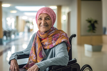 Cancer patient.elderly lady on wheelchair.Strong woman.female patient