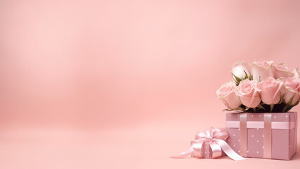 Pink gift box background with copy space for women and Valentine days