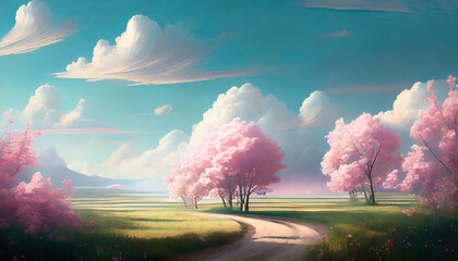 paysage de campagne avec cerisier rose vert bleu turquoise pastel - obrazy, fototapety, plakaty