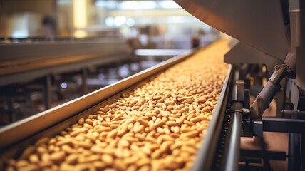 Raw ripe fresh brown pine nuts without shell on conveyor. Modern industrial organic food factory.
