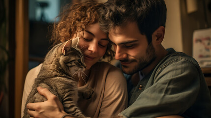 Young couple embracing their beloved tabby cat in a warm, serene home atmosphere