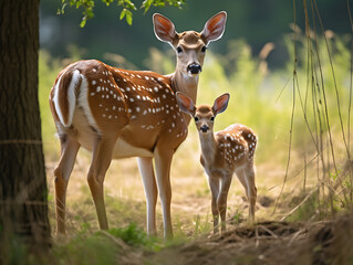 Gentle Doe with Spotted Fawn in a Serene Forest at Golden Hour