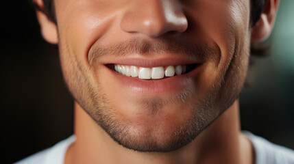 Obraz premium Perfect Smile: Close-Up of Handsome Male Face with Clean, Perfect Teeth. Dental Service Advertisement