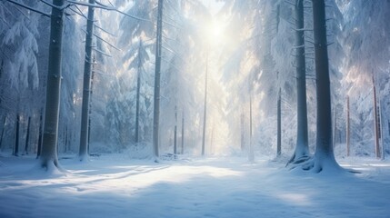 The crisp morning air carries a sense of tranquility as the sun peeks above the horizon, casting a gentle glow on a snow-covered forest.