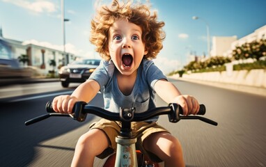 Shocked funny child with big eyes rides a tricycle in a very busy road