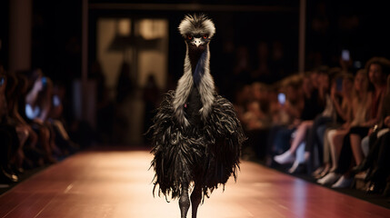 Ostrich on Runway Showcases High-End Fashion with Style, Elegance, and Humor - obrazy, fototapety, plakaty