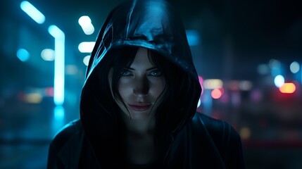 female assassin in the shadows of neon lit urban futuristic landscape - obrazy, fototapety, plakaty