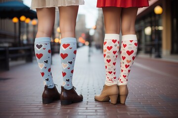 two women are standing on the street, wearing skirts, socks with red hearts and winter shoes. Funny lovely Valentine concept. Generative AI - obrazy, fototapety, plakaty