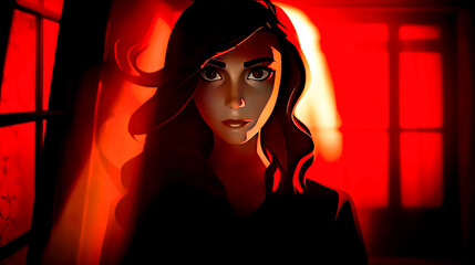 Woman in dark room with red light shining on her face.