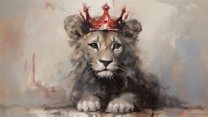 cute baby lion with crown, illustration. AI Generative