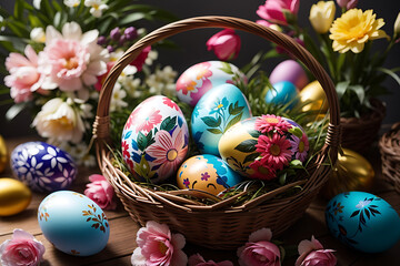 Fototapeta premium Basket with floral Easter eggs. Flowers in the background
