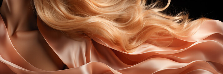 developing blond hair and silk fabric in Peach Fuzz color on a dark background close-up, Banner. content for beauty salons and bloggers. space for text