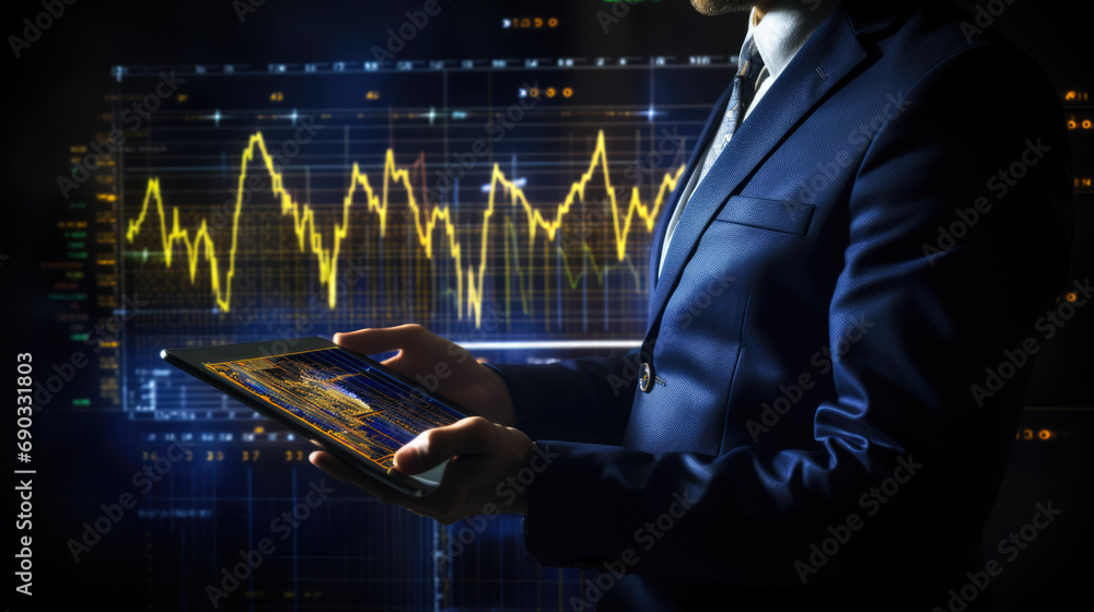 Poster businessman or trader holding tablet with graphs and charts against black background