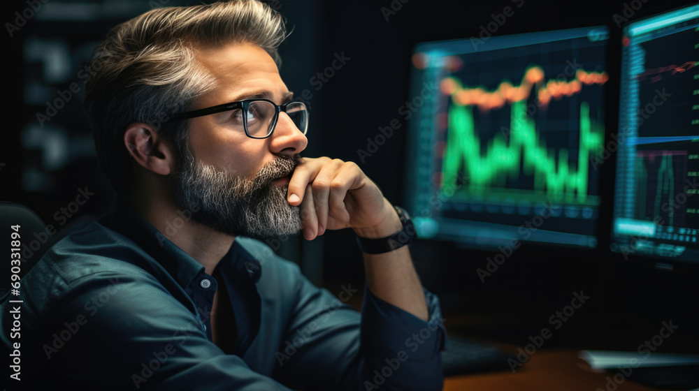 Poster focused man with a beard and glasses, studying stock market data on multiple computer monitors, refl