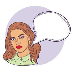 Beautiful young woman talk. Empty speech bubble for sale promotion, text background, quotes. Hand drawn illustration, cartoon comic style.